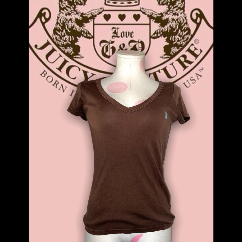Juicy Couture Vintage Y2K Brown Short Sleeve V Neck T Shirt With Dog Logo